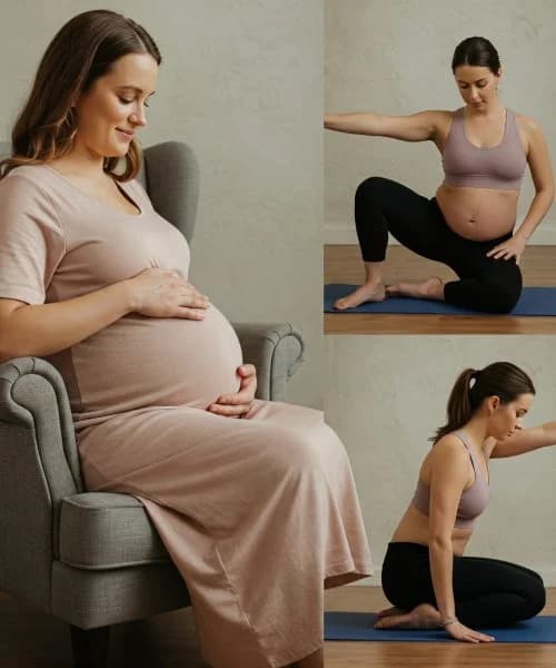 Pregnant woman doing gentle yoga while a certified instructor offers posture support in peaceful indoor studio